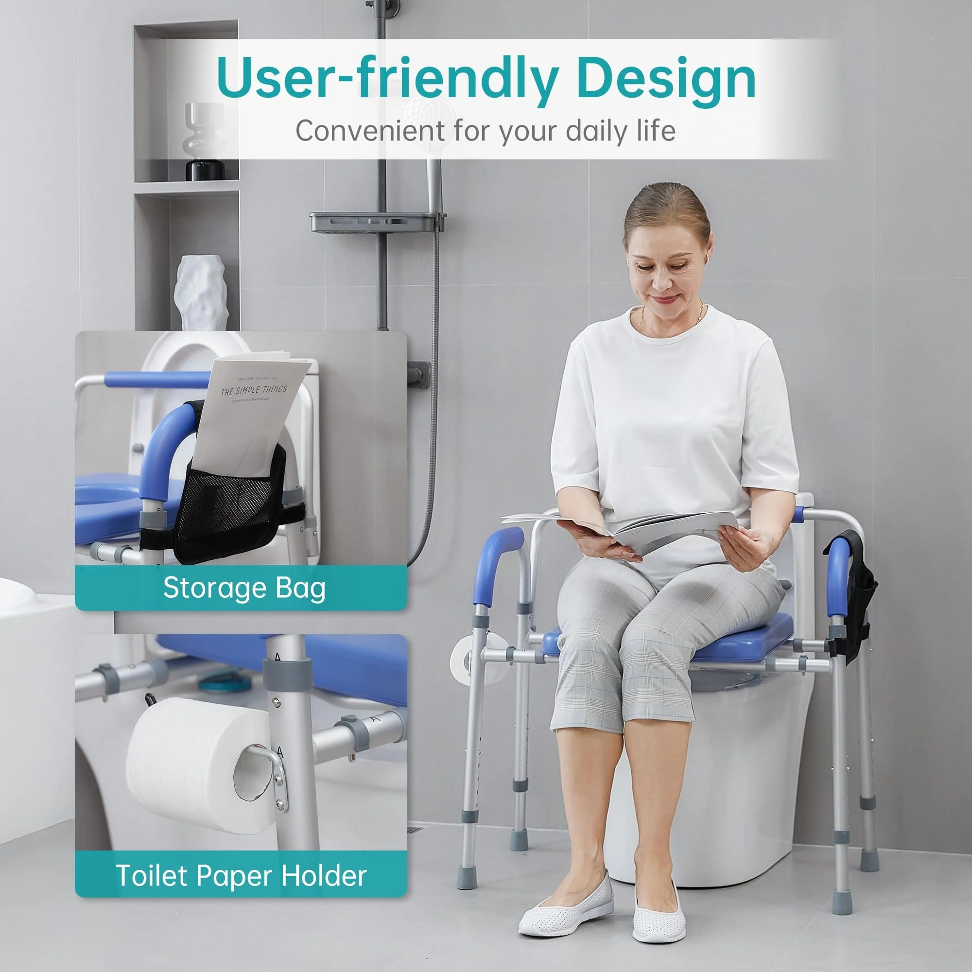 What types of bathroom aids are recommended for elderly with limited mobility?